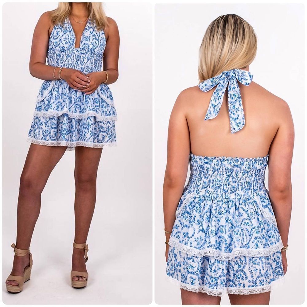 NWOT Olivaceous Blue and White Wallpaper Floral Halter Dress Size Medium